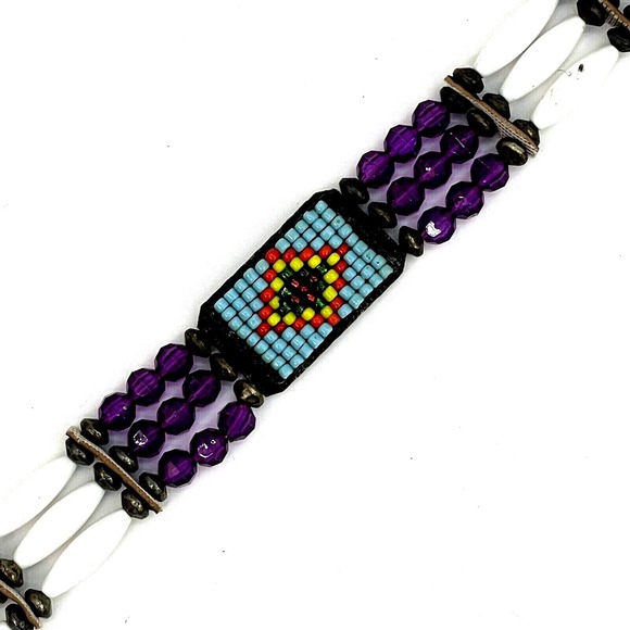The Unbranded Brand Jewelry - Handmade Beaded & Soft Leather Choker Necklace Purple White Diamond Design